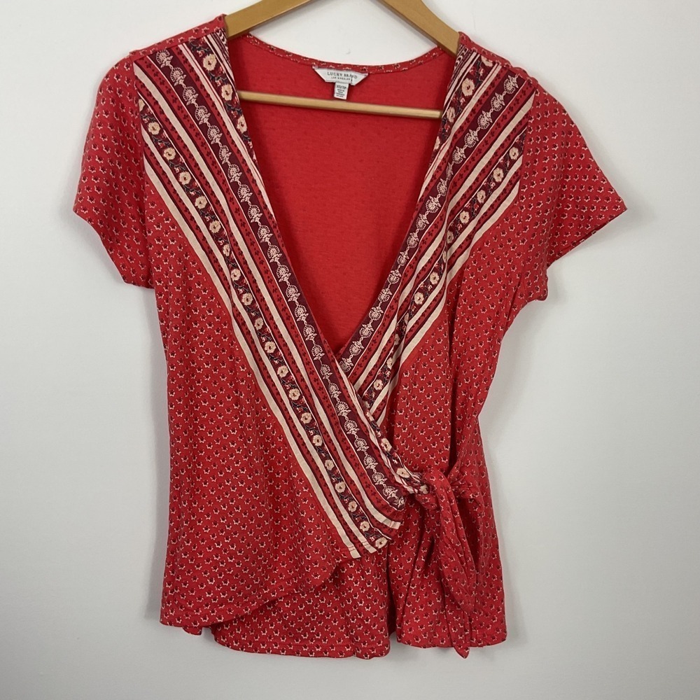 Lucky Brand Wrap Tie Waist Short Sleeve Blouse Top XS